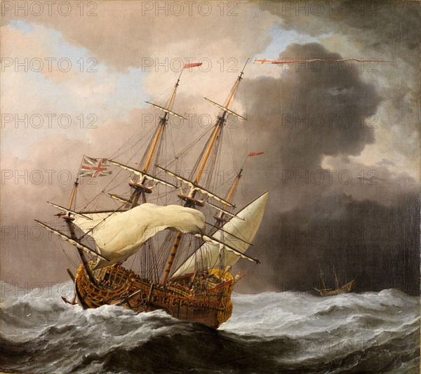 The English Ship Hampton Court in a Gale, 1678-80. Willem Van de Velde the Younger was a the Dutch marine painter. He emigrated to England with his father in 1674, both were employed in the service of King Charles II. The accurate depiction of the ship enabled it to be identified as the seventy-gun galleon HMS Hampton Court built for the King's first naval fleet. A drawing of the Hampton Court by Willem the Elder (1611-1693) is in the collection of the National Maritime Museum, London.
