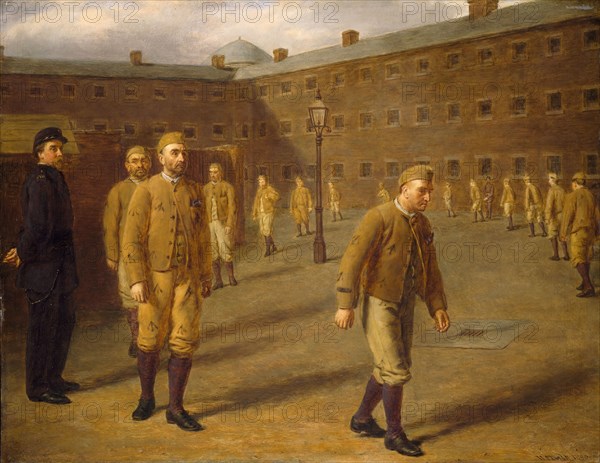 Retribution, 1880. This is the last of five pictures in 'The Race for Wealth' series depicting the rise and fall of a crooked financier. The scene is set in Millbank Prison which Frith photographed with permission from the Govenor, Captain Talbot Harvey. The prison costumes were painted from one borrowed for the purpose.