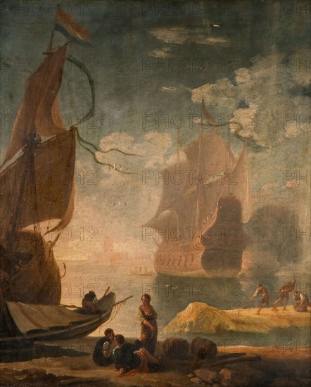 Harbour Scene With Man-Of-War And Figures On A Quay, 1825.