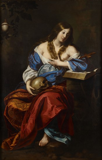 The Penitent Magdalene, 1655-1665. Painting also known as 'Mary Magdalene in the Wilderness'. Mary Magdalene is depicted leaning against a bible on her left and represented with her traditional attributes: a crucifix (in the crook of her left arm), a skull (in her right hand), and a jar of ointment (in a niche, upper left corner).
