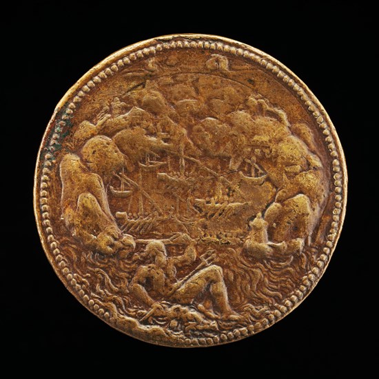 Neptune on a Dolphin before a Harbor [reverse], 1552 or after.