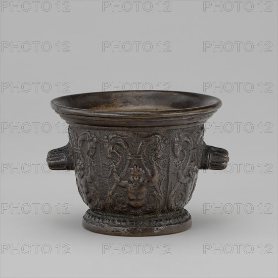 Mortar with Foliate Grotesques, Goats' Heads, and Ribbed Handles, mid 16th century.