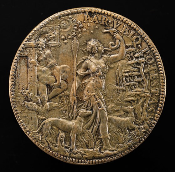 Ippolita as Diana with Hunting Dogs in a Landscape; behind her Pluto and Cerberus [reverse], 1551.