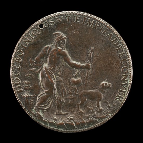 Blind Man with a Staff and Water-flask, Led by a Dog [reverse], c. 1561.