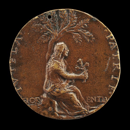 Florence under a Laurel(?) Tree, Holding Three Lilies [reverse], c. 1490.
