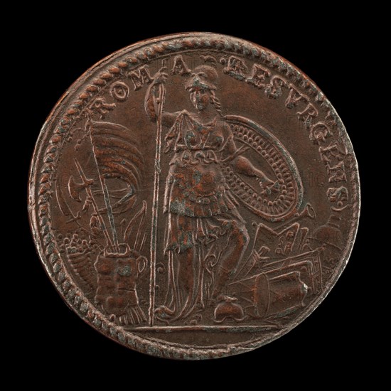 Allegory with the Figure of Roma, as Minerva, Standing Armed amid Trophies [reverse], 1591.