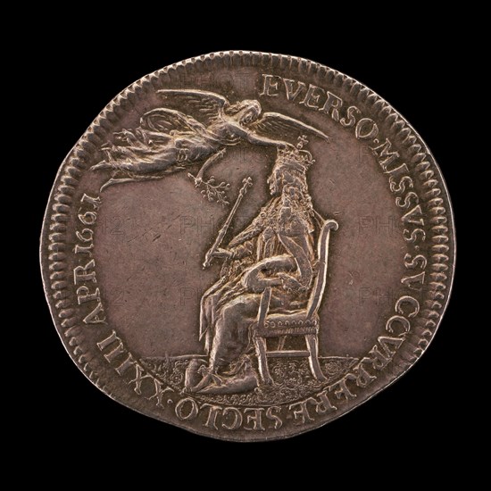King Charles II Enthroned, being Crowned by Peace [reverse], 1661.