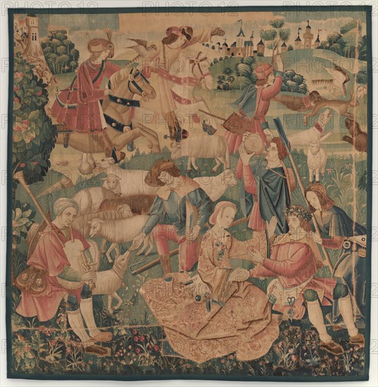 Hunting and Pastoral Scenes, with a wreathed hero between ladies, c. 1510.