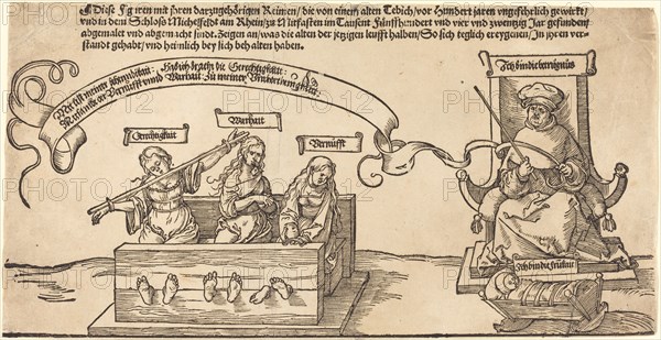 Justice, Truth and Reason in the Stocks with the Seated Judge and Sleeping Piety, probably 1526.