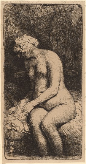 Nude Seated on a Bench with a Pillow (Woman Bathing Her Feet at a Brook), 1658.