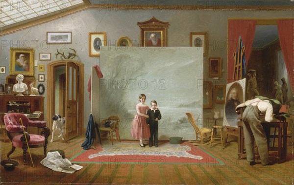 Interior with Portraits, ca. 1865. The little boy had just died when the picture was requested, but he was not then the small child shown here. Rather, he was a 26-year-old volunteer firefighter who had just perished in a hotel fire. His older sister had already died when she was an adolescent, more than fifteen years before the picture was made.