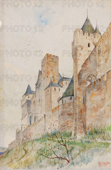 Battlements of Carcassonne, France, 1913.