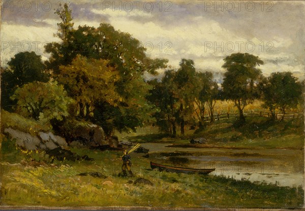 Untitled (landscape, boat moored near stream, man walking in foreground), 1879.