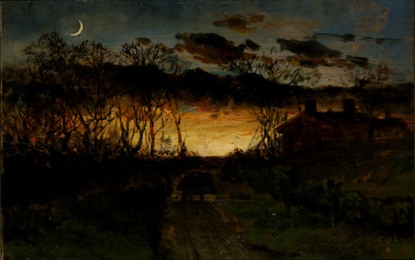 Untitled (sunset with quarter moon and farmhouse), 1883.