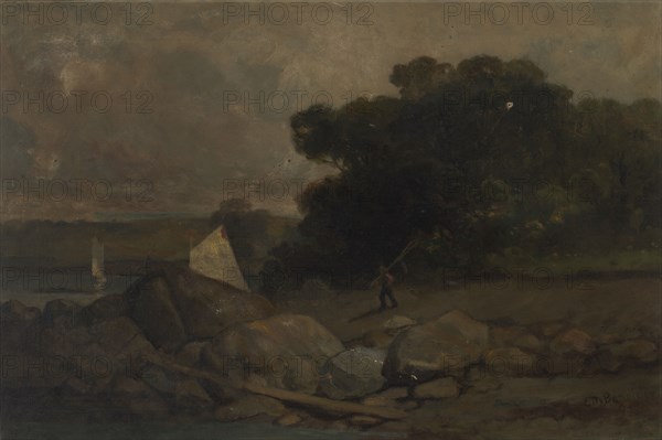 Untitled (landscape with rocks, man and sailboats), 1895.
