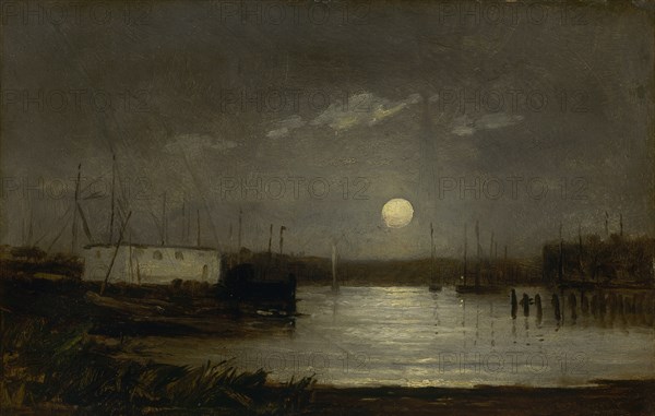 Untitled (moon over a harbor, wharf scene with full moon and masts of boats), ca. 1868.
