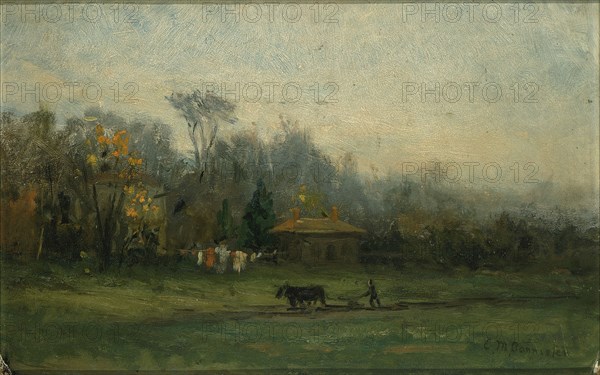 Untitled (landscape with man plowing fields), n.d.