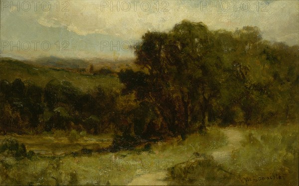 Untitled (landscape with road near stream and trees), n.d.