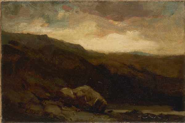 Untitled (mountainous landscape with rock and stream in foreground), n.d.