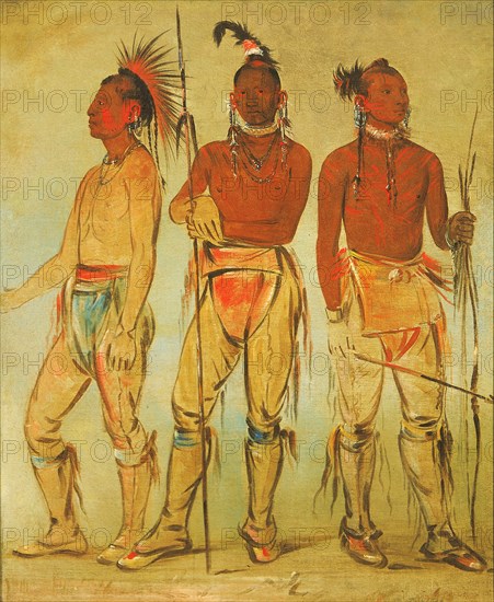 Mun-ne-pús-kee, He Who Is Not Afraid; Ko-ha-túnk-a, Big Crow; and Nah-cóm-ee-shee, Man of the Bed, Three Young Warriors, 1834.