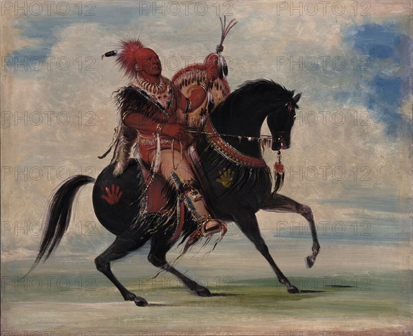 Kee-o-kúk, The Watchful Fox, Chief of the Tribe, on Horseback, 1835. Signed over lands in the states known today as Illinois, Missouri, and Wisconsin, for which his tribe received seventy-five cents per acre.