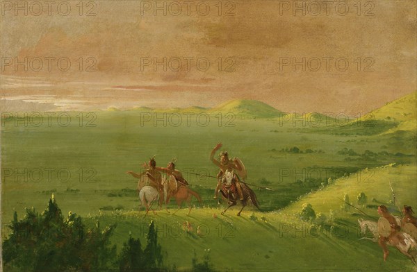 Comanche War Party, Chief Discovering the Enemy and Urging his Men at Sunrise, 1834-1835.