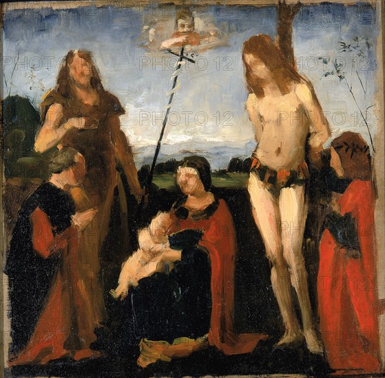 After Boltraffio, "Sacra Conversazione", 1878-1882. Virgin and child with John the Baptist, Saint Sebastian, and the patrons of the painting, Giacomo Marchione de Pandolfi da Casio and his son Girolamo Casio.