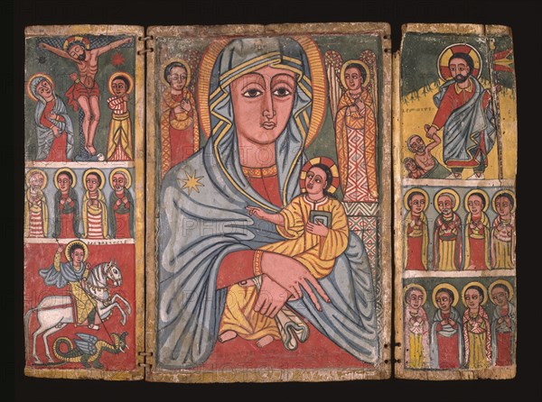 Icon , Late 17th-early 18th century. Triptych of distemper and gesso on wood. Left panel: Crucifixion; Saints; St. George and the dragon. Central panel: Madonna and child flanked by archangels. Right panel: Christ with Adam and Eve; Saints in two lower registers.