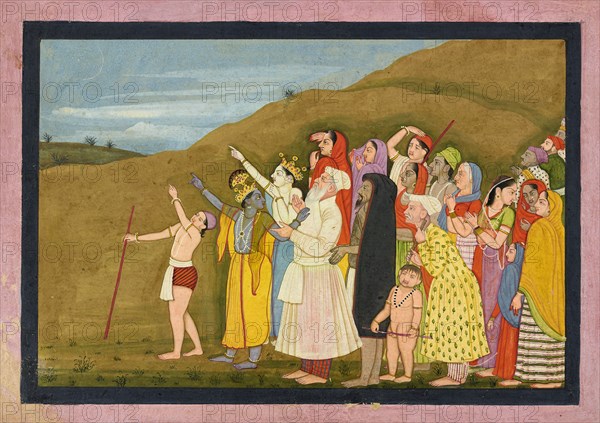 Krishna and his family admire a solar eclipse, perhaps a page from the "Kangra/Modi" Bhagavata Purana, 1775-1780.