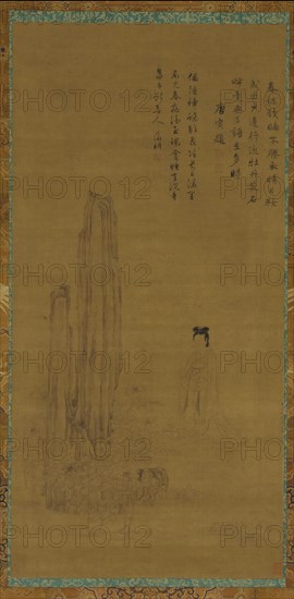A female figure, garden rocks, and peonies, 18th century?. Formerly attributed to Qiu Ying.