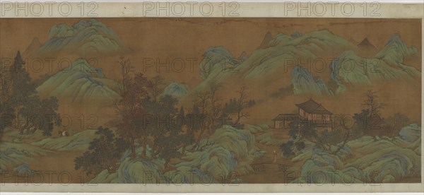 Landscape with buildings and travelers, 17th century. Formerly attributed to Zhao Bosu.