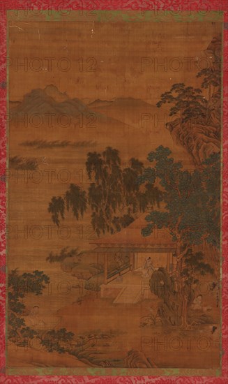 River landscape: a man in a pavilion under large trees, 16th-17th century. Formerly attributed to Zhao Yong.
