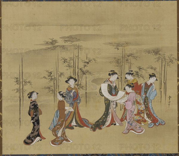 Seven young women in a bamboo grove, 18th century.