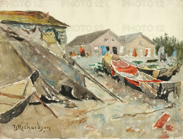 Drying Blankets over Canoes, ca. 1890-1914.