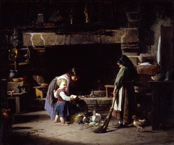 Farm Interior: Breton Children Feeding Rabbits, 1878.