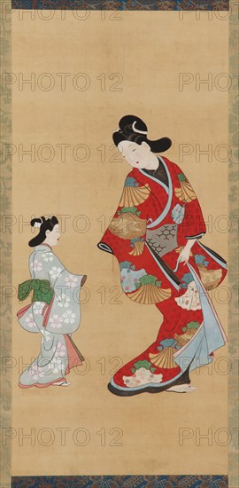 Girl in scarlet and gold dress with a child, 1615-1868.
