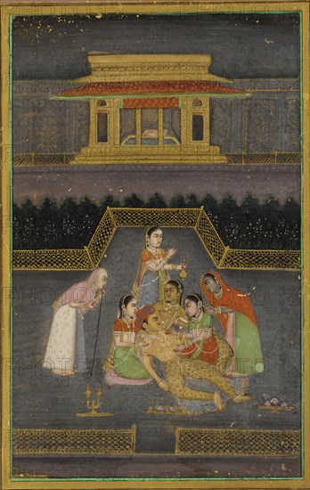 A sick man surrounded by his family, 18th century.