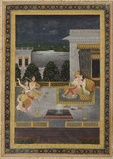 Lovers on a terrace with three musicians, 18th century.