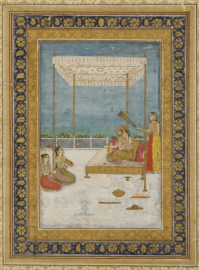 Lovers on a terrace, with an attendant and musicians, 18th century.