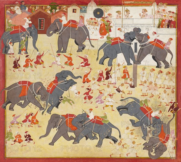 Maharana Raj Singh observing an elephant fight, ca. 1670-1675.