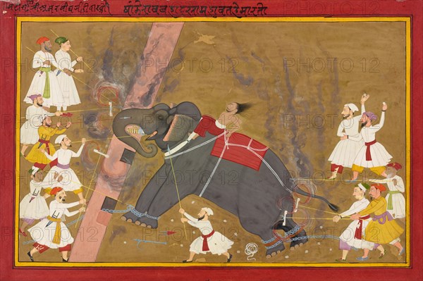 The elephant Khanderao Bahadur killing Sham Mahavat, ca. 1700.