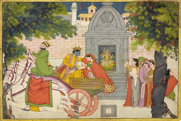 Rukmini elopes with Krishna, folio from a Bhagavata Purana, ca. 1780.