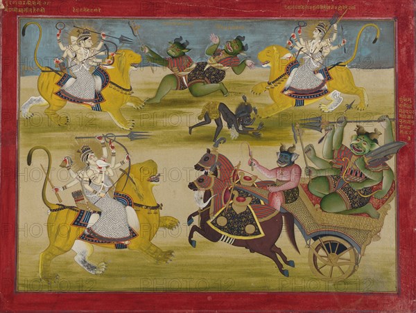 Durga fighting the rakshashas Shunga and Nishunga, from a Devi Mahatmya, mid 19th century.