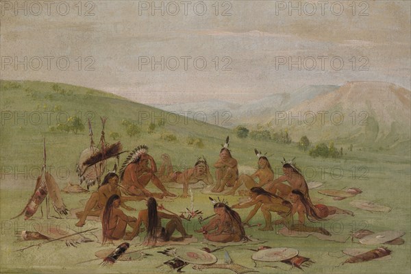 Foot War Party in Council, Mandan, 1835-1837.