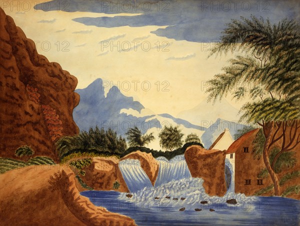 Mountain Scene and Waterwheel, ca. 1820-1870.