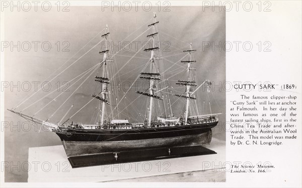 Cutty Sark, 1930s. Model made by C. Nepean Longridge of the British tea clipper built in 1869.