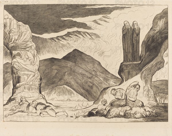 The Circle of the Falsifiers: Dante and Virgil Covering their Noses because of the stench, 1827.
