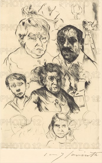Verschiedene Köpfe und Selbstbildnis (Assorted Heads and Self-Portrait), 1915.