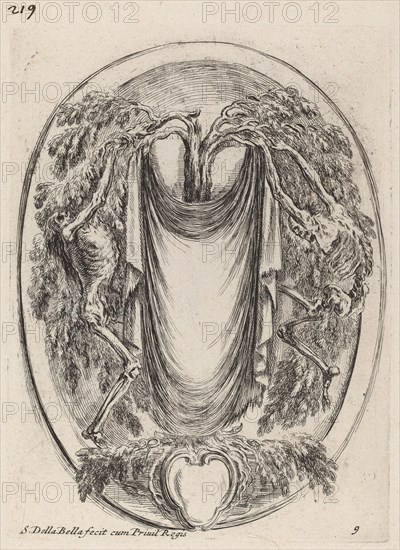 Cartouche in the Form of a Drape Suspended from a Cypress Flanked by Skeletons, 1647.