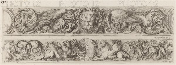Two Ornamental Bands with Head of a Lion and Woman, probably 1648.
